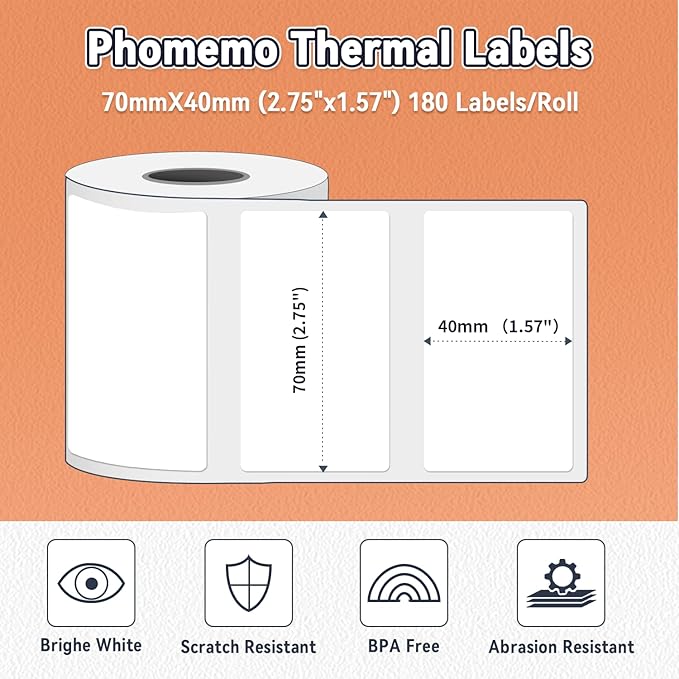 Phomemo Thermal Labels, Address Barcode Thermal Stickers for M220/M221/M200/M250 Label Printer Machine, 2.75"x1.57"(70x40mm),180 Labels/Roll, for Barcode/Address/Mailing/Logo,Black on White
