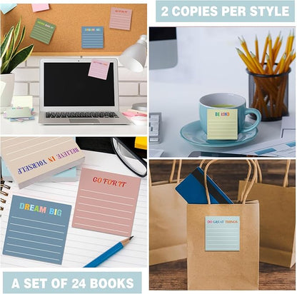 Yinder 24 Pcs Inspirational Sticky Notes with Lines Cute Motivational Sticky Notes Pad Employee Appreciation Gifts Bulk for Teacher Nurse Coworkers Office Supplies 3 x 3''(Morandi,Motivational)