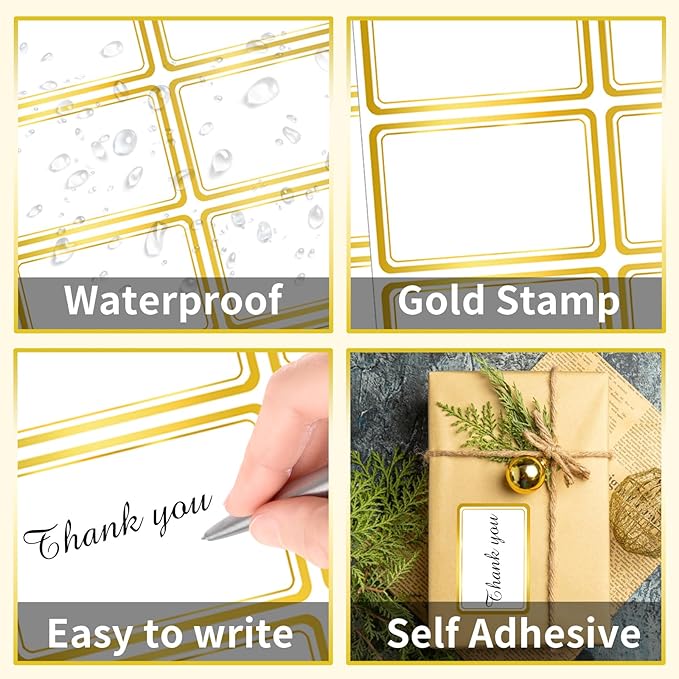 2" x 3" 200 PCS Name Labels, Waterproof Blank Name Tag Stickers with Permanent Adhesive Writable Stickers with Metallic Gold Border for School Office Home