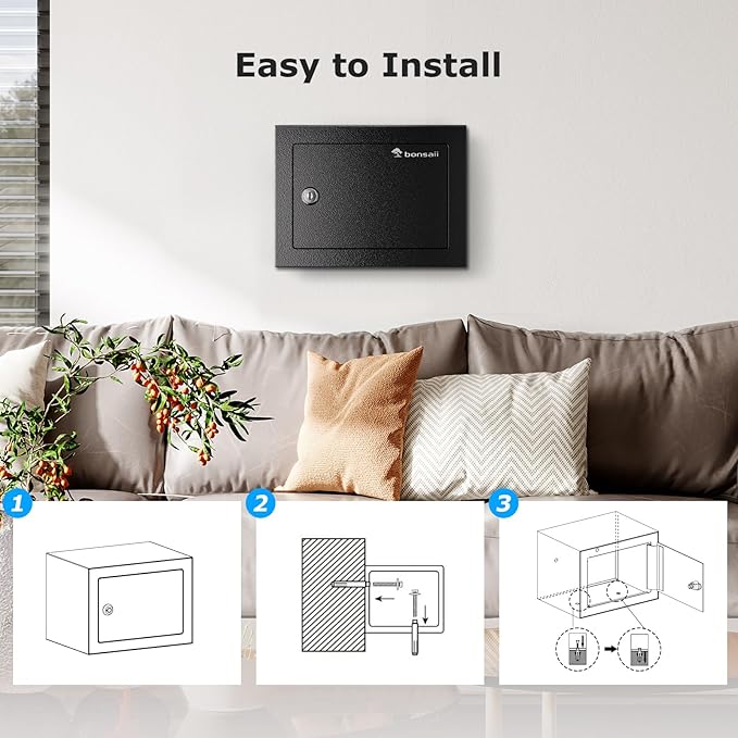 Bonsaii Safe Box with Key Lock, Steel Security Lock Box, 0.23 Cubic Feet, 9.06" W x 6.69" D x 6.69" H, Small Hidden Safe for Cash Jewelry