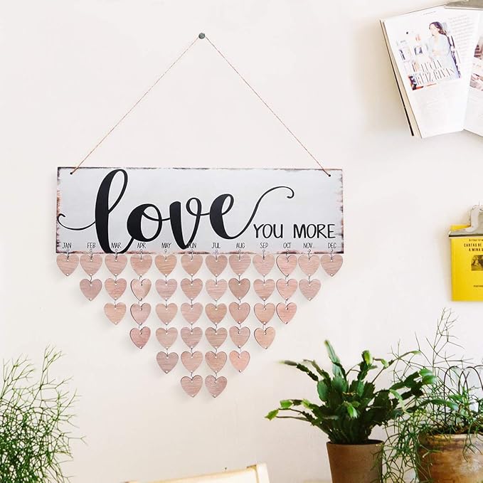 WINOMO Family Birthday Board Plaque DIY Hanging Wooden Birthday Reminder Calendar for Mom Dad Grandma Grandpa with 50pcs Wooden Hearts