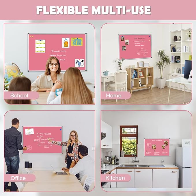 WALGLASS Magnetic Whiteboard 36"x24" Dry Erase White Board for Walls with Pen Tray, Aluminium Frame and Dry-Wipe Writing Surface for Kids' Drawing, Home, and Office (Pink)