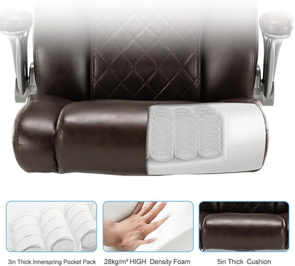 Executive Office Chair Desk Swivel Chair High Back Computer Chair - Adjustable Lumbar Support with Flip-Up Arms PU Leather Chair with Spring Cushion (Brown)