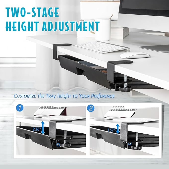 EHO Large Under Desk Slide Out Storage Drawer, Adjustable Sturdy C-Clamp Tray, 20x11.8 inch Pull Out Drawer, Smooth Sliding Rail Design for Keyboard Mouse Desk Extender Organizer for Home/Office Black