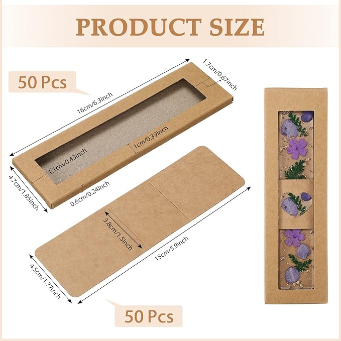50 Set Kraft Bookmark Sleeves Resin Bookmark Holder 5.9 x 1.8'' Bookmark Cardboard Gift Boxes DIY Bookmark Blank Display Cards for Bookmark Wrapping Gift Supplies (Brown)