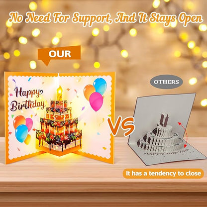 Birthday Cards, Musical Pop Up Birthday Cards with Light, Blow Out LED Light Candle and Play Happy Birthday Music Pop Up Card, 90 Degree Vertical Cake Greeting Card, Birthday Gifts for Women