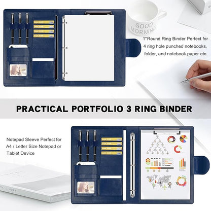 Toplive Padfolio Folder 3 Ring Binder PU Leather Portfolio, Business Interview Resume Portfolio A4/ Letter Size Document Organizer with Clipboard for Women Men, Blue