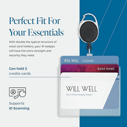 Will Well ID Badge Holders with Clip and Keyring - Horizontal Clear Plastic 3.7" x 2.5" Sleeves Fit Up to 3 Cards - Easy-Access Retractable 24" UHMWPE Fiber Pull Cords - 10-Pack, Black Reels