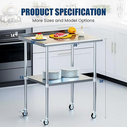Stainless Steel Table with Wheels 30 x 30 Inches Metal Prep Table with Backsplash & Adjustable Undershelf, Stainless Table for Commercial Kitchen, Outdoor, Restaurant, Hotel & Garage