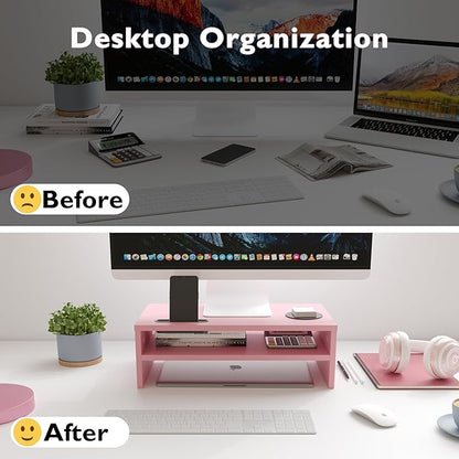 BONTEC Monitor Stand Riser, 2 Tiers Wood Monitor Riser Stand with Storage Organizer, Desktop Ergonomic Monitor Stand Riser with Cellphone Holder and Cable Management, 16.7 Inch Shelf, Pink