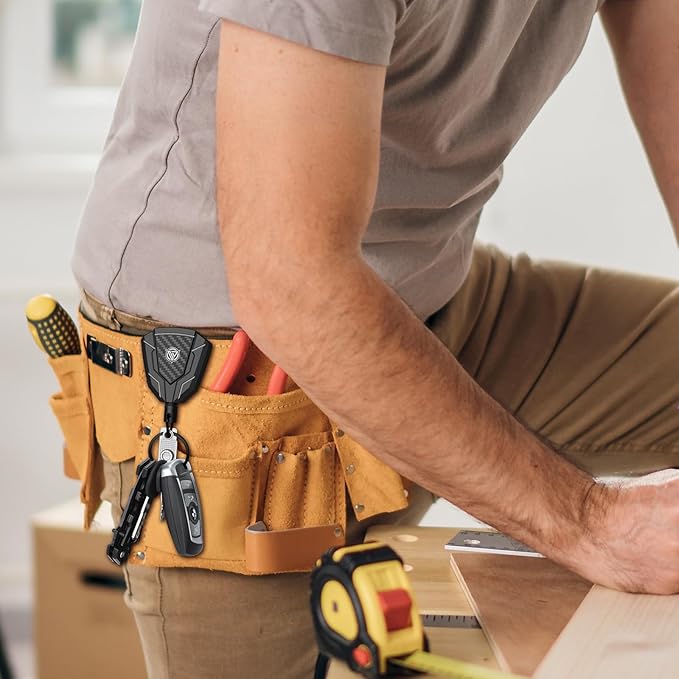 Oaridey Heavy Duty Retractable Keychain with Belt Clip, Retractable Badge Holders with Carbon Fiber Front, Badge Reels Retractable with Key Ring and 31.8” Steel Cord, 9oz Rebound - 4 Packs