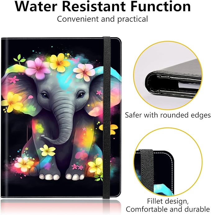 PU Leather Padfolio Clipboard Notepad with Pen Loop and Elastic Strap Interview/Resume Document Organizer for Business School Office,Elephant with Flowers