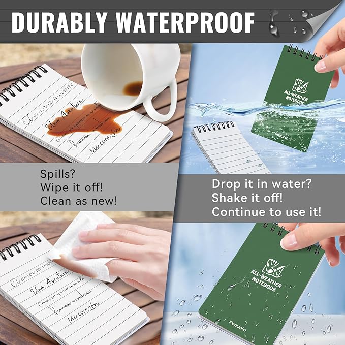 POPYOLA 6 Pack Waterproof Pocket Notebook, 3 x 5 Pocket Notepad, All Weather Small Mini Spiral Notepad with 100 Lined Pages for Outdoor Office School