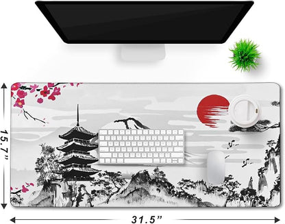 Japanese Landscape Large Mouse Pad, Large Extended Mouse Pad for Home Office Gaming Work 31.5x15.7inch, Big Computer Mousepad Waterproof Non-Slip Rubber Mice Pads Stitched Edges