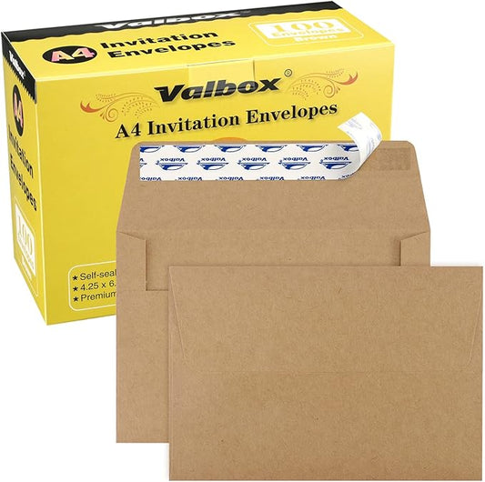 ValBox A4 Photo Envelopes 100 Qty 4 x 6 Brown Kraft Paper Envelopes Self Seal for 4x6 Cards, Photos, Weddings, Invitations, Baby Shower, 4.25 x 6.25 Inches (A4)