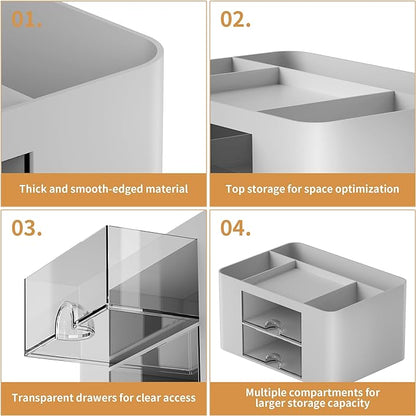 Marbrasse Pen Organizer with 2 Drawer, Multi-Functional Pencil Holder for Desk, Desk Organizers and Accessories with 5 Compartments + Drawer for Office Art Supplies (Grey)