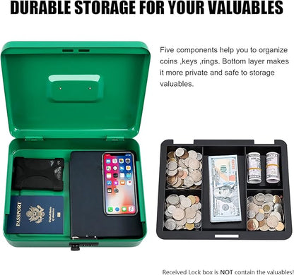 KYODOLED Metal Cash Box with Combination Lock Money Box for Cash Safe Metal Box with Money Tray for Security Lock Box 11.81"x 9.45"x 3.54" Green X Large