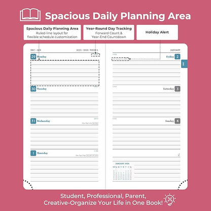 Weekly Monthly 2026 Planner (Jan.26-Dec.26),6.5"x3.75",12 Months Agenda Plan with Month Tabs & Pocket,Expenses/Note Pages, Appointment Book Calendar with Vegan Leather Cover,Rose Red