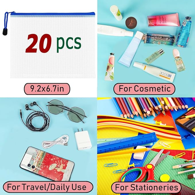 AUSTARK 20 Pcs Zipper File Bags, Plastic Mesh Pouch, Board Game Storage Bag, Waterproof Bags for Office School (A5 Size 9.2''x6.7'', White and Blue)