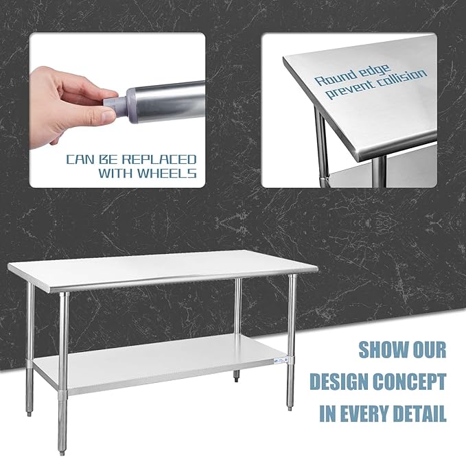 HALLY Stainless Steel Table for Prep & Work 24 x 60 Inches, NSF Commercial Heavy Duty Table with Undershelf and Galvanized Legs for Restaurant, Home and Hotel