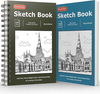 Soucolor 5.5" x 8.5" Sketchbook Pack of 2, 200 Sheets Sketch Book, Spiral Bound Sketch Pad Drawing Book Acid-Free Paper (68lb/100gsm), Painting Sketching Drawing Art Supplies for Adults Kids Teens