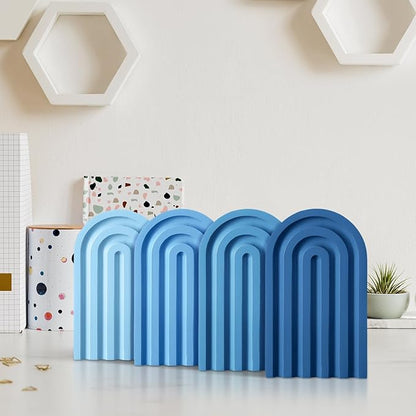 Harloon 4 Pieces Boho Arch Wood Bookends Rainbow Arch Back to School Gift Ideas Non Skid Bookend Decorative Wooden Book Stand Book Stoppers for Books Movies CDs (Denim Blue Color)