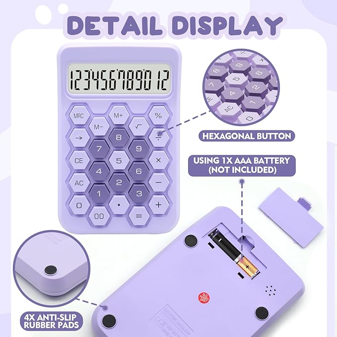Purple Calculator, Standard Calculator,12 Digit Large LCD Display,Basic Office Calculator with Hexagonal Button,Purple Office Supplies and Desk Accessories,Gifts for Coworkers
