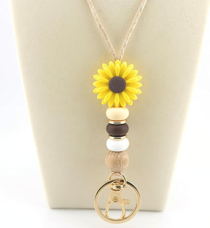 Flower Teacher Lanyards ID Badge and Key Chain, Cute Silicone Beads Lanyard for Women Nurse Work Student (Sunflower)