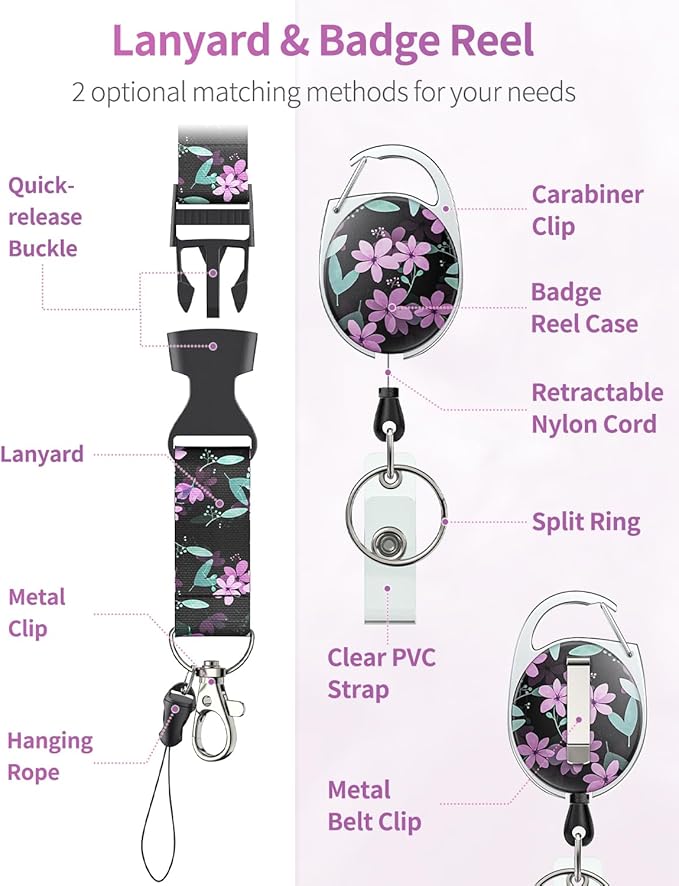 Uniclife Floral Sliding Badge Holder Purple Flower Plastic Case with Retractable Badge Reel Carabiner Clip & Detachable Lanyard Strap Fashionable Vertical Card Protector for Women Teacher Student