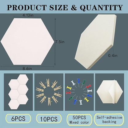 6Pcs White Hexagon Bulletin Board Strips,White Felt Pin Board Bar Strips with 50 Pushpins, Self-Adhesive Felt Cork Board Strips for Wall to Display Your Notes, Photos, Schedules