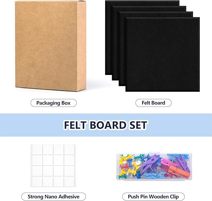 4 Pack Cork Board Tiles 12x12 Inches, 1/2" Thick Felt Cork Squares with 30 Push Pins, Bulletin Board Pin Board, Adhesive Cork Board for for Wall for Home, Office, and Kitchen (Black)