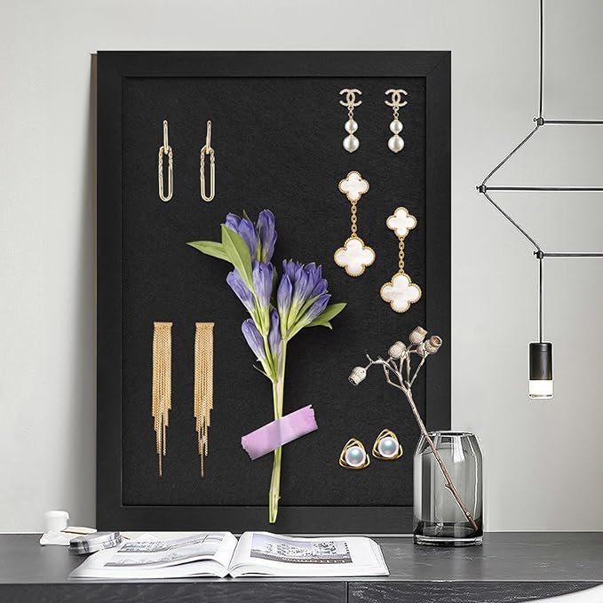 2PCS Black Bulletin Boards Cork Board with Felt, 15"x11" Small Display Pin Board Vision Board for Walls, Jewelry, Notes, Collection, Photos, Office, Wood Framed(Black) & Felt(Black), 2p