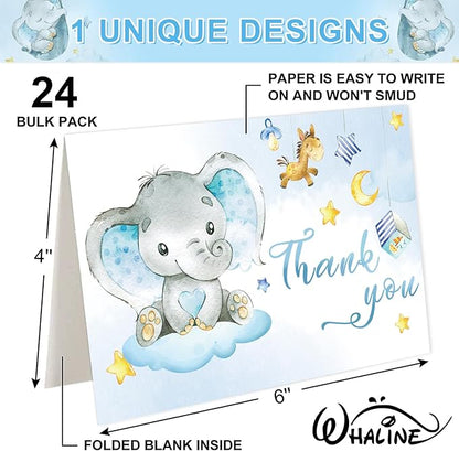 Whaline 24 Packs Elephant Thank You Cards Blue Baby Elephant Greeting Cards Cute Cartoon Blank Note Cards with Envelopes and Stickers for Baby Shower Birthday Holiday Party Supplies, 4 x 6 Inch