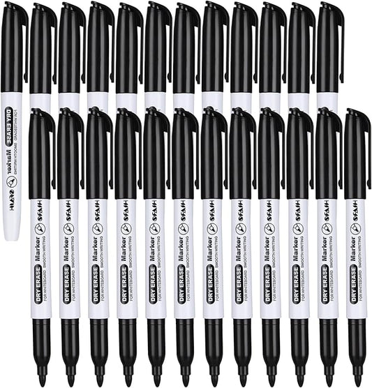 Fine Tip Dry Erase Markers - 24 Pack Black Whiteboard Erasable Markers Bulk for Kids Adults, Ideal for Classroom School Office Home Use on White Board, Non-Toxic Easy Clean