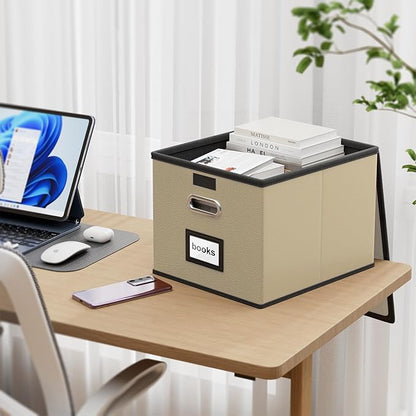 Huolewa Upgraded Portable Leather File Organizer Boxes with Lids, Office Document Boxes Organizer, Filing Boxes, Decorative Small File Boxes for Hanging Files with Plastic Slide for Office/Decor/Home