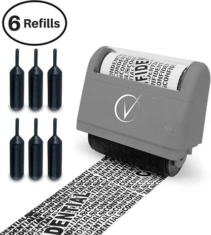 Identity Theft Protection Roller Stamps Wide Kit - Confidential Roller Stamp, Anti Theft, Privacy & Security Stamp, Designed for ID Blackout Security - Classy Gray with 6 Refills