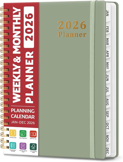 2026 Planner, Weekly and Monthly Calendar Planner, January 2026 - December 2026, Hardcover 2026 Calendar Planner Book with Tabs For Women & Men, Inner Pocket, Spiral Bound, Perfect for Office Home School Supplies - A5 (6.3" x 8.5"), Green