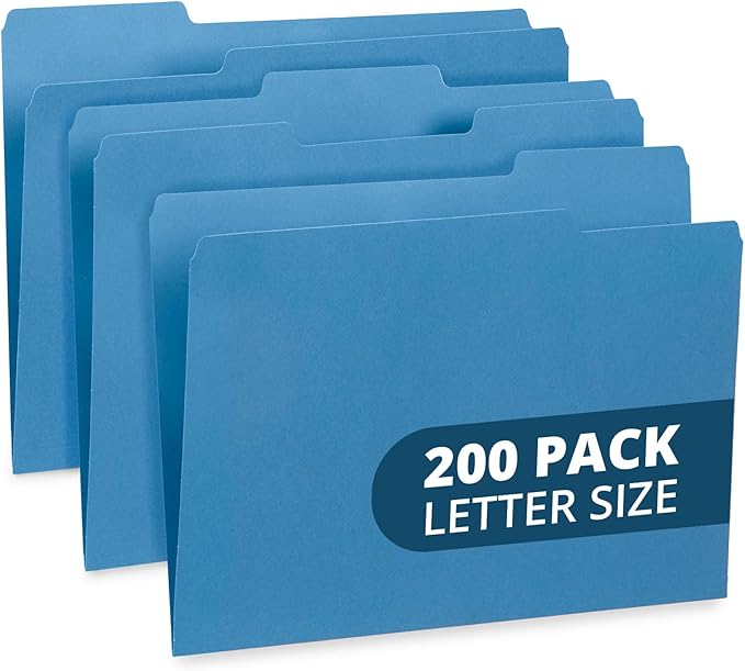 200 Blue Summit Supplies Blue File Folders with 1/3 Cut Tabs, Letter Size, Durable 11pt Paper, Uncoated Blue Paper, Colorful Blue File Folders for Office and Home Organization
