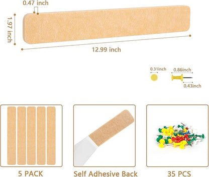 5 Pack Felt Pin Board Bar Strips Bulletin Board for Bedrooms Offices Home Wall Decoration, Notice Board Self Adhesive Cork Board with 35 Push Pins for Paste Notes, Photos, Schedules (Peach)