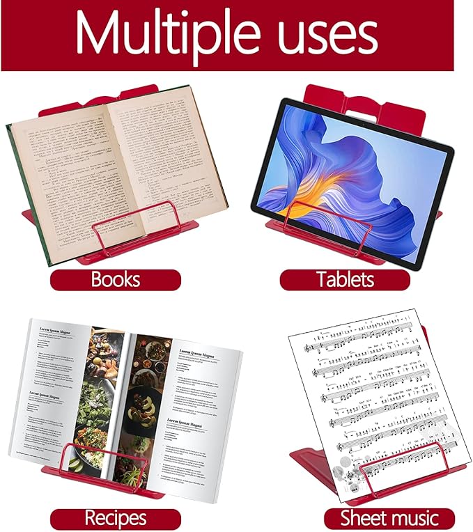Full Red Metal Book Stand - Adjustable Book Holder for Reading