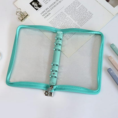 Multibey A5 Binder Cover Clear Soft PVC 6-Ring Binder Budget Cash Evelopes System with Zipper Planner Organizer Refillable Notebook Journal Binder (Cyan, A6)