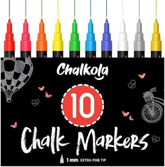 Extra Fine Tip Liquid Chalk Markers (1mm, 10 Pack) with Gold & Silver - Erasable Dry Erase Marker Pens for Blackboard, Windows, Chalkboard Markers, Bistro, Restaurants - Thin Point Chalk Pens Set
