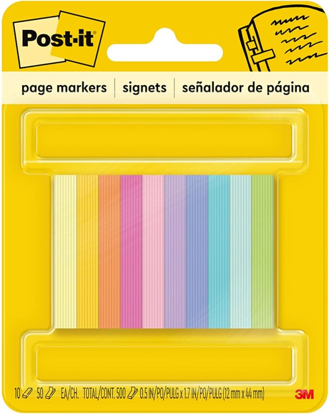 Post-it Page Markers, Assorted Bright Colors, 1/2 in x 2 in, 50 Markers/Pad, 10 Pads/Pack (670-10AB)
