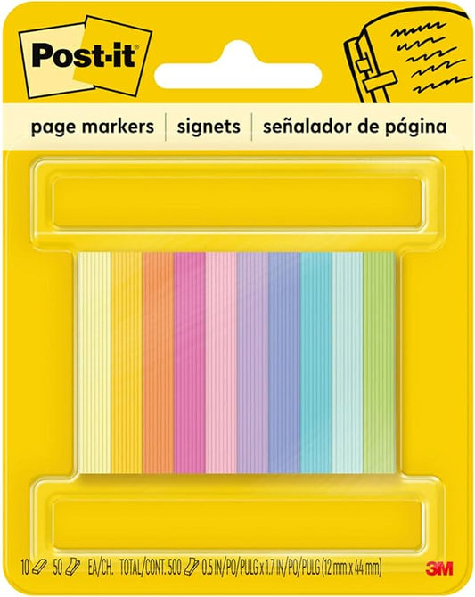 Post-it Page Markers, Assorted Bright Colors, 1/2 in x 2 in, 50 Markers/Pad, 10 Pads/Pack (670-10AB)