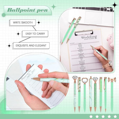 Supervitae 8 Pcs Ballpoint Pen for Women Fancy Gifts for Journaling Liquid Sand Glitter Black Ink Pens Bridal Shower Gifts for Wedding Women Office Desk School Stationery Supplies(Green)