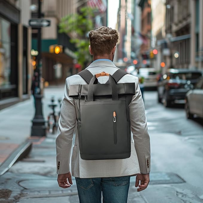 Roll-Top Laptop Backpack for 15.6" Laptop, 28L Capacity with USB Port, Expandable & Waterproof, Urban Style for Men & Women, Ideal for Work, University, Travel, and Shopping (Black)