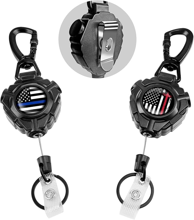 bolimoss Retractable Keychain Heavy Duty 2 Pack Name Badge Holder Reel with Belt Clip, 360° Swivel Carabiner Key Chains, Tactical ID Badge Reels with 31.5” Wire Rope & Key Ring, (American Flag
