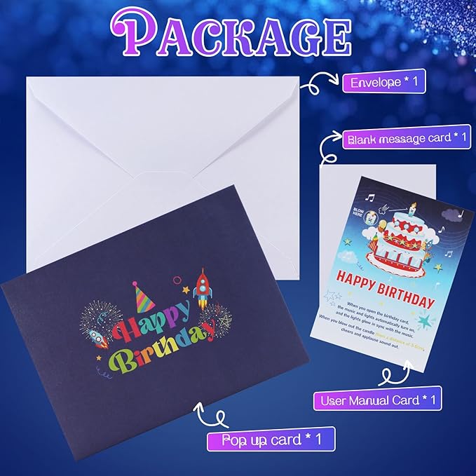Rocket Birthday Cards for Kids, 3D Pop Up Birthday Card with Music and Light and Interactive Blowable Candle, Gift Card for Kids Children Boys Girls Son Daughter