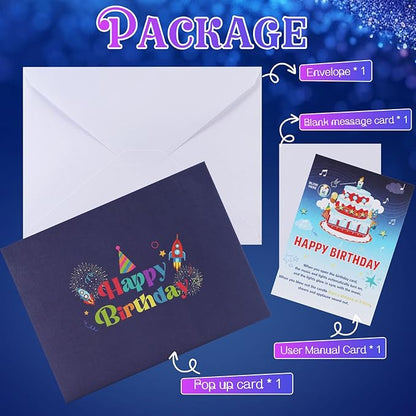 Rocket Birthday Cards for Kids, 3D Pop Up Birthday Card with Music and Light and Interactive Blowable Candle, Gift Card for Kids Children Boys Girls Son Daughter