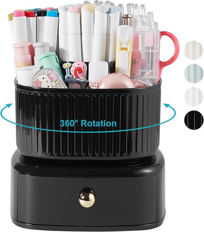 Desk Pencil Pen Holder with Drawer, 5 Slots 360 Degree Rotating Pencil Pen Organizers Desk Organizers for Office Accessories Shool Supply Black